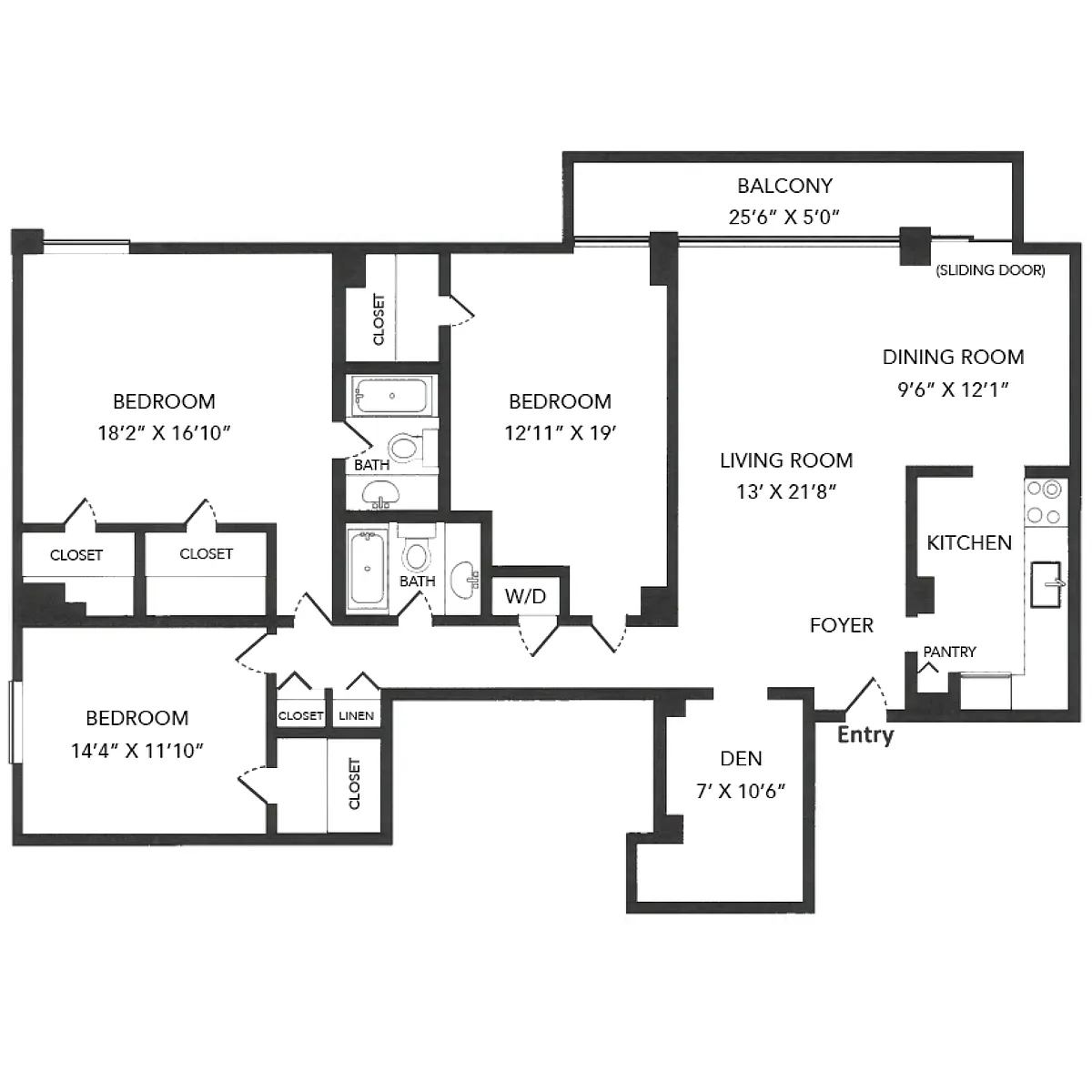 Floor plan 3 Bed + Den, 2 Bath 1,831 SF 3D2