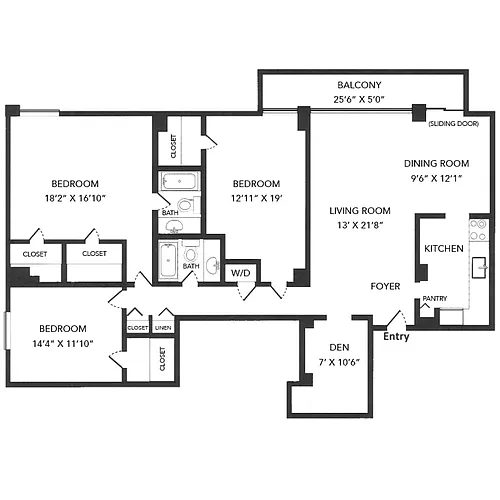Floor plan 3 Bed + Den, 2 Bath 1,831 SF 3D2