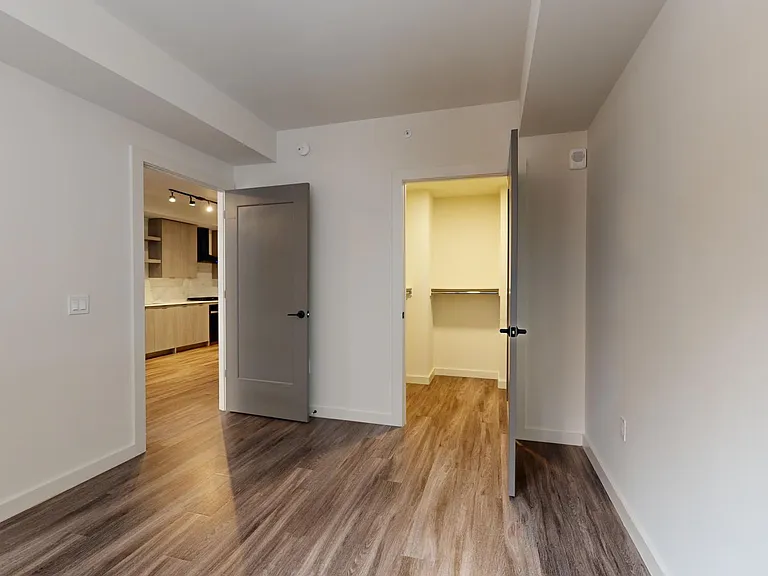 Spacious apartment bedroom with large closet and wood-style flooring.