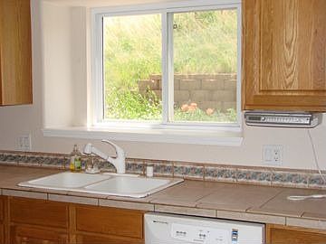 Kitchen sink overlooks back deck and park