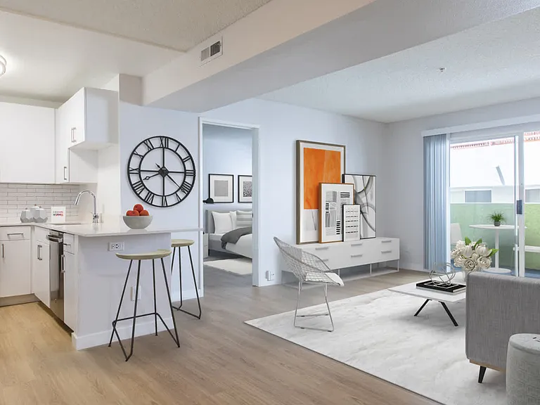 Kitchen and Living Room with Hard Surface Flooring and Patio