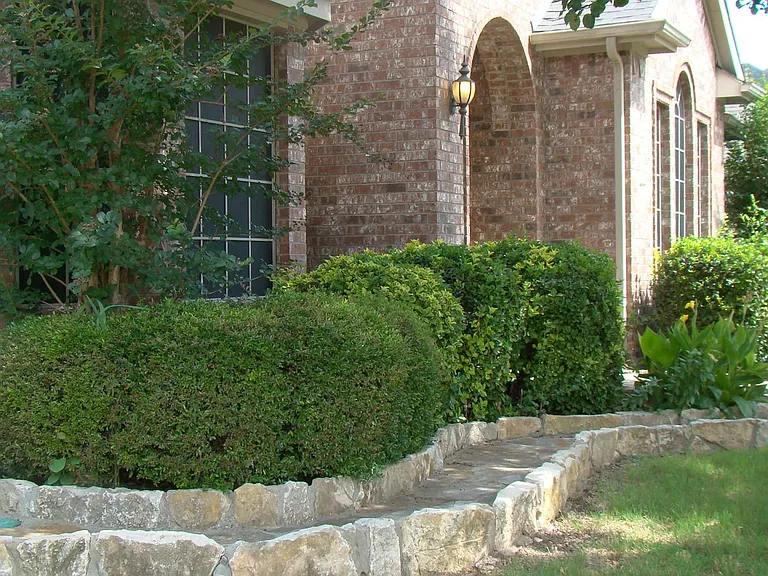 Winding natural stone walkway leading to backyard.