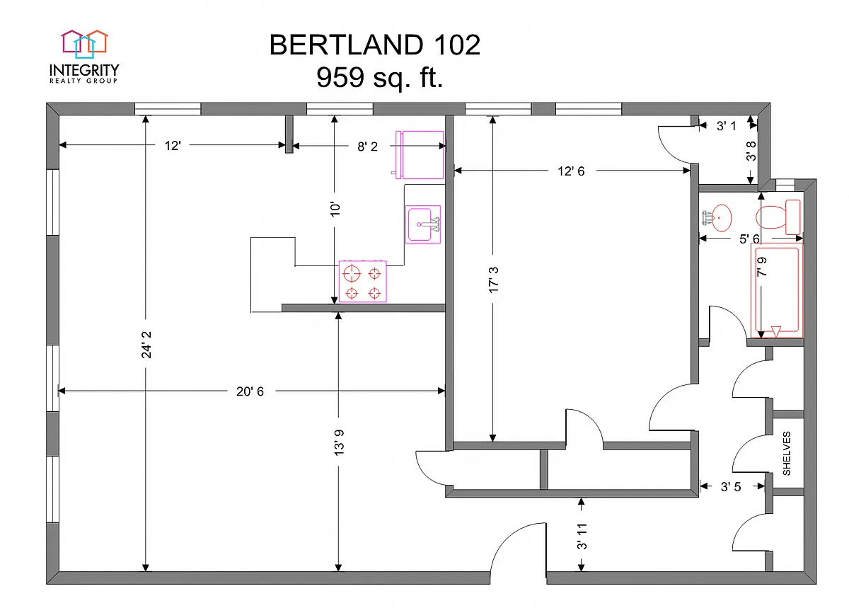 Floor plan The Bertland 1 Bedroom 1 Bath