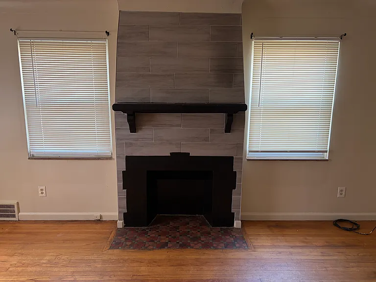 Living room fireplace and mantel
