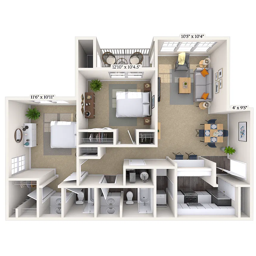 Floor plan Traditional 2x2 1005 SF