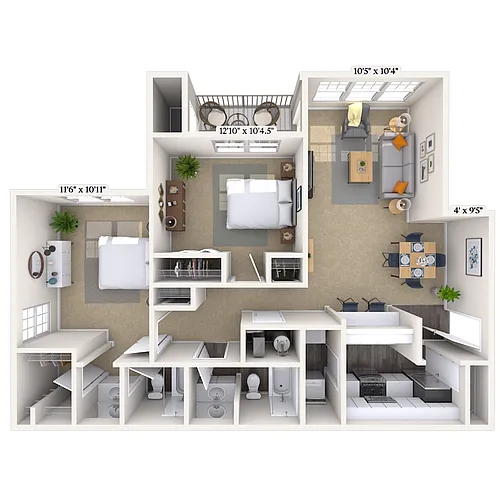 Floor plan Traditional 2x2 1005 SF