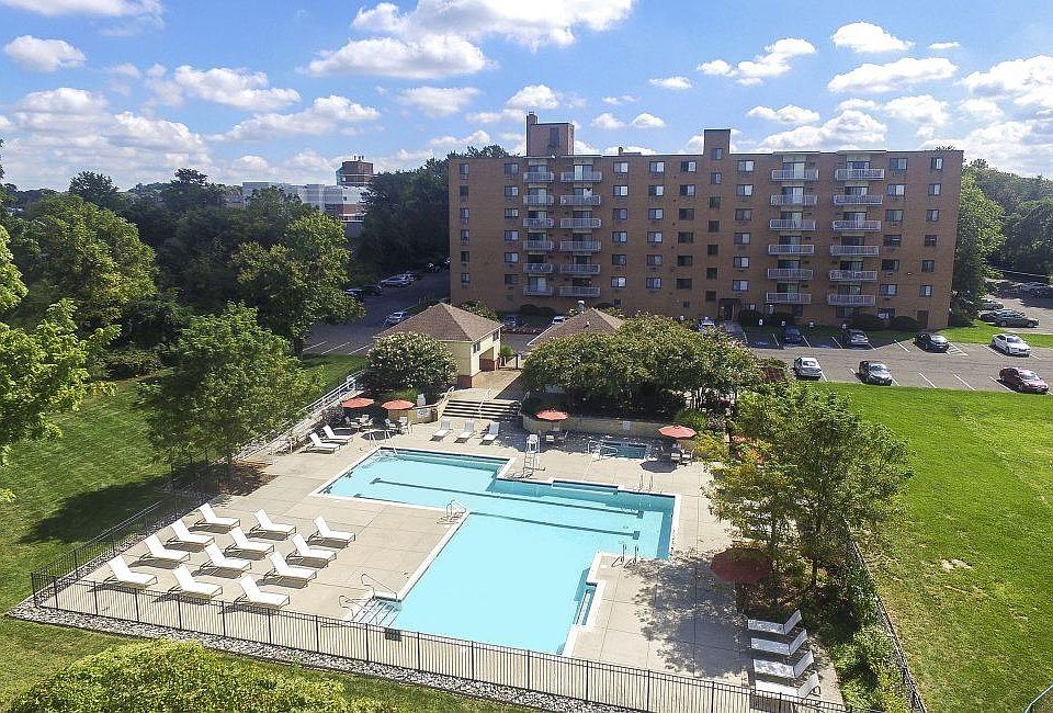 Aerial View of Pool and Classic Building