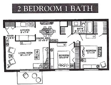 Floor plan 2 Bedroom 1 Bath w-Patio or w-Balcony