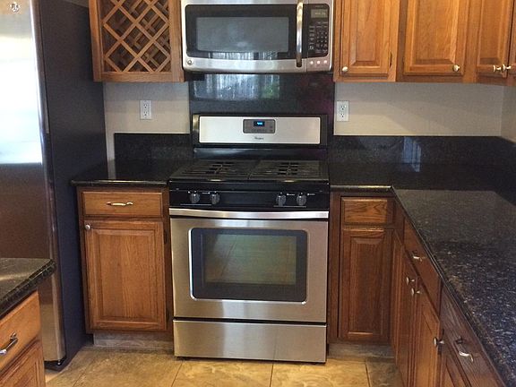Kitchen with stainless appliances.