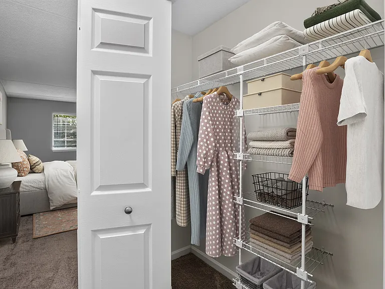 Elevate your lifestyle at Eagle Rock Apartments at Swampscott. This stylish closet features ample space and organized shelving, perfect for a modern living experience. Don't waitschedule your tour today and see the difference!