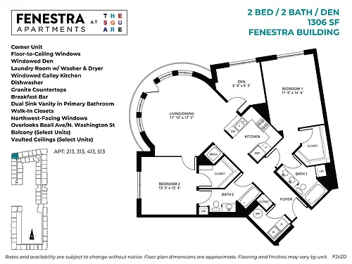 Floor plan Fenestra - 2 Bed / 2 Bath / Den