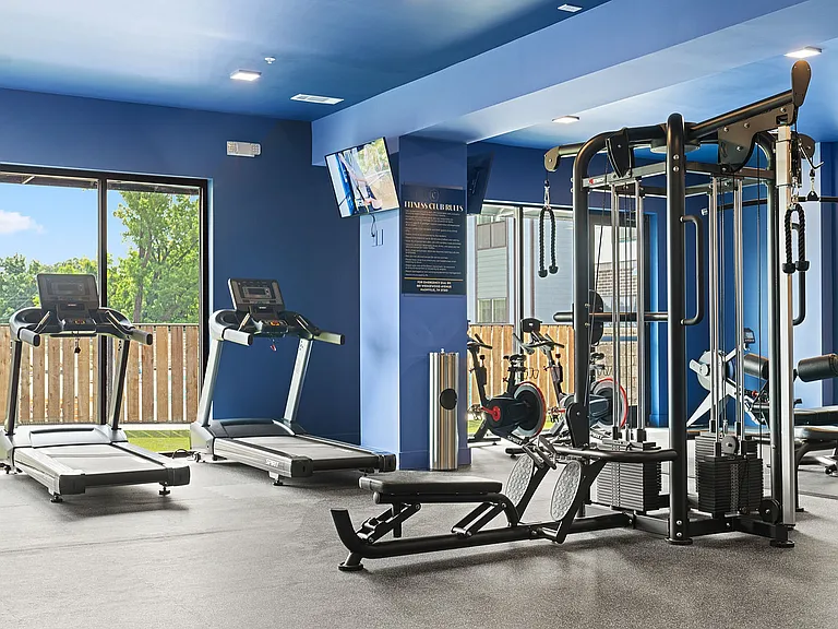 gym middle with treadmills and windows