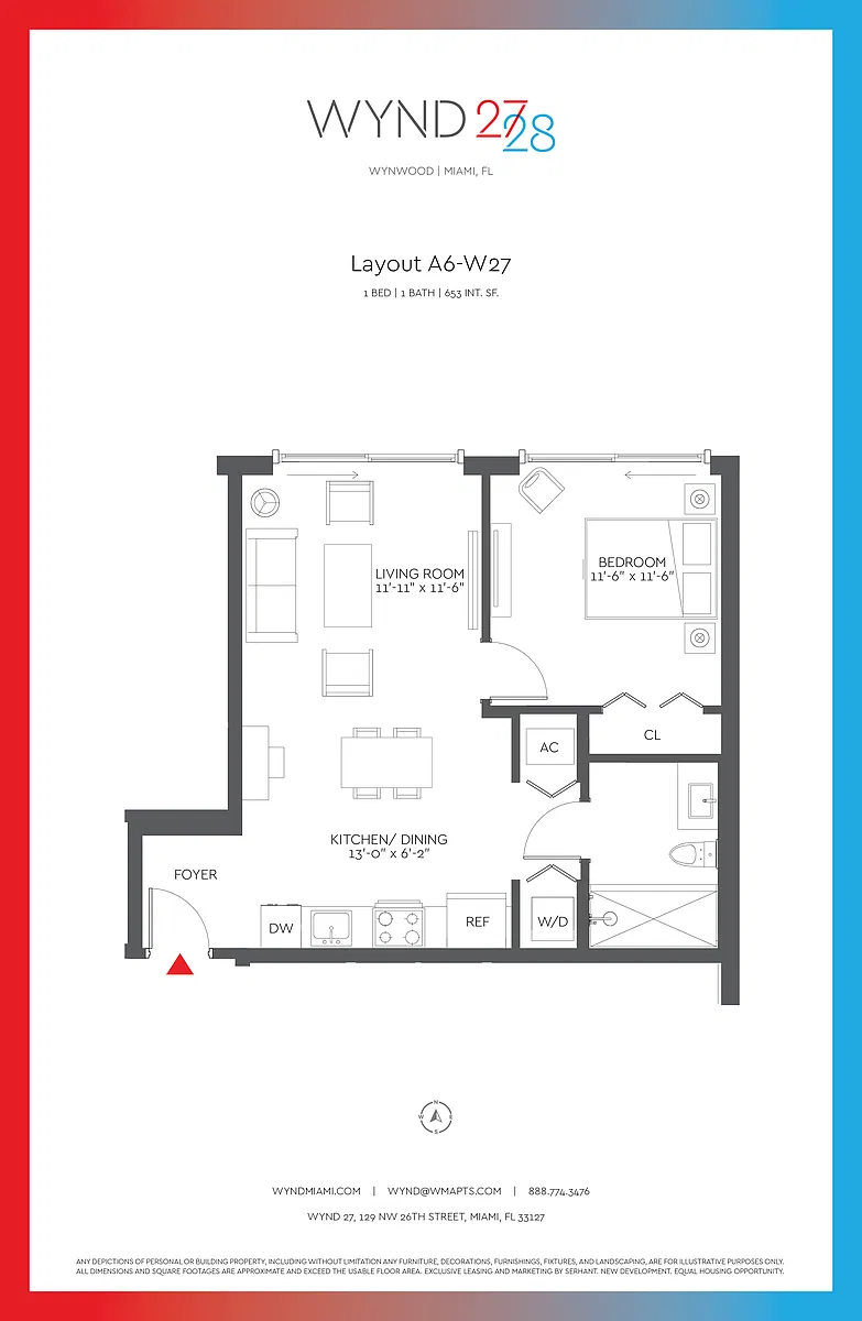 Floor plan W27 - 1BR 1BA (653 SF)