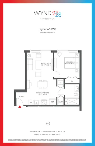 Floor plan W27 - 1BR 1BA (653 SF)