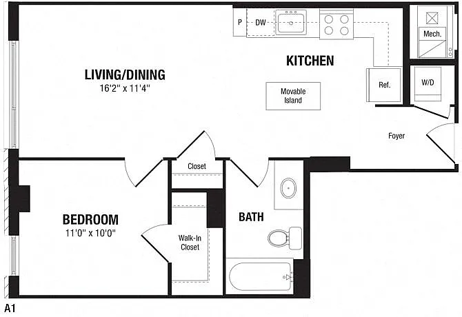 Floor plan 1 Bedroom, 1 Bath 630 SF A1