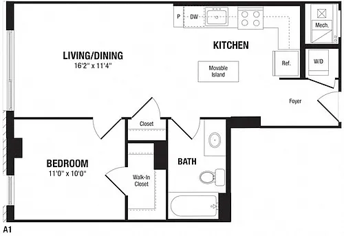 Floor plan 1 Bedroom, 1 Bath 630 SF A1