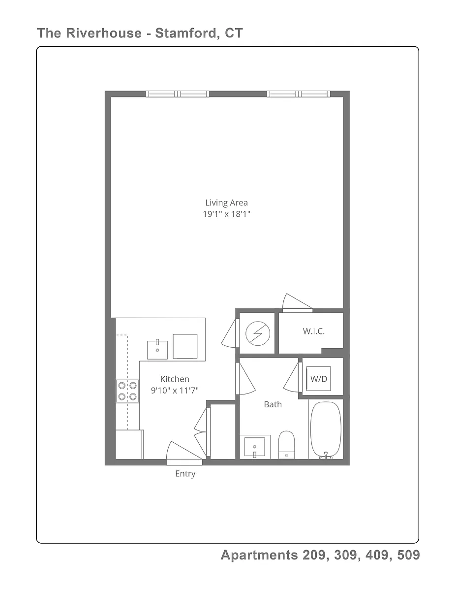 Floor plan 409 Huge studio White Kitchen Cabinets