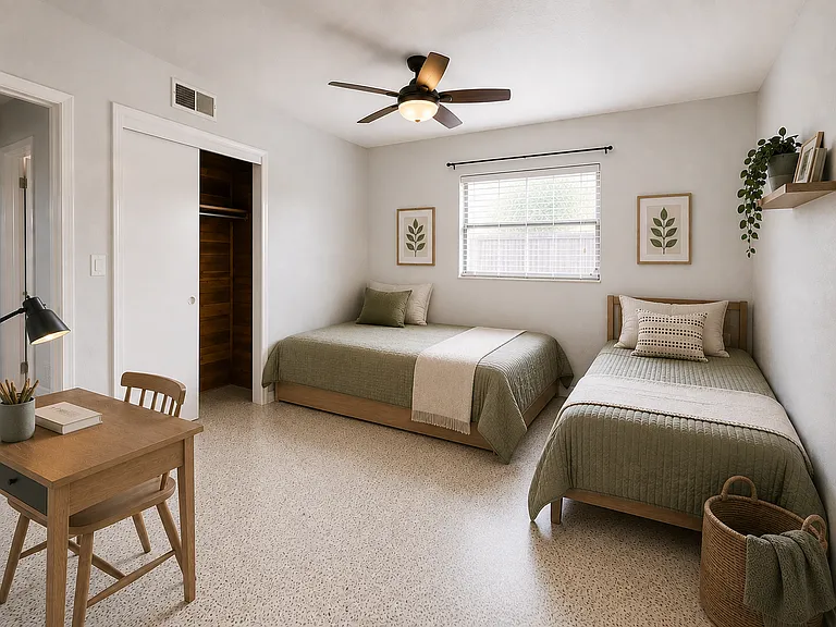 Bedroom #2 with one cedar closet and pocket door to Sunroom. Terazzo floors (staged with AI).