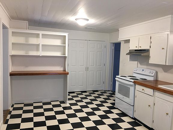 kitchen - 12 x 20 shiplap walls and ceiling, stained wood countertops, pantry and area by range for refrigerator