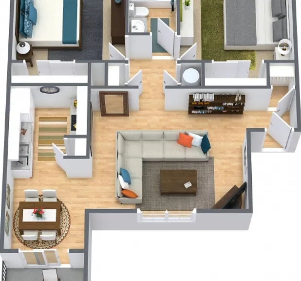 2 Bedroom 1 Bathroom Floorplan Diagram