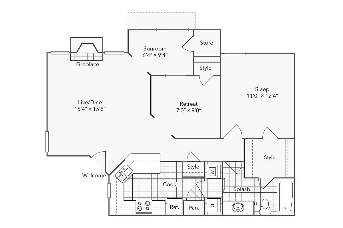 Floor plan 1 BR x 1 BA with Washer/Dryer C