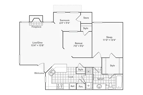 Floor plan 1 BR x 1 BA with Washer/Dryer C