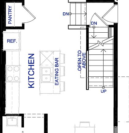 A blackline drawing of the Oak main foyer floorplan option by Brookfield Residential in Calgary.