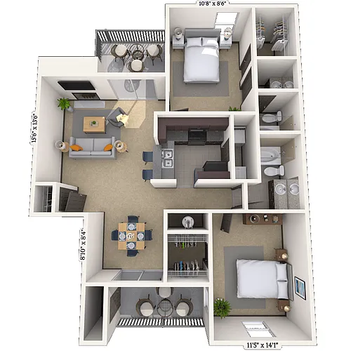 Floor plan Traditional 2x2 1050-1059 SF