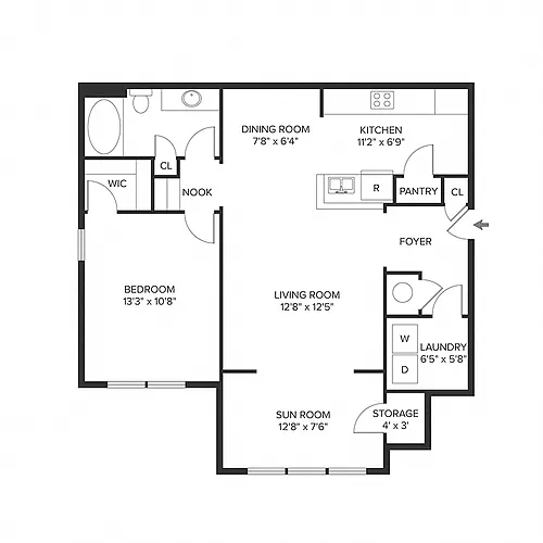 Floor plan 1BR 1BA (871 SF)
