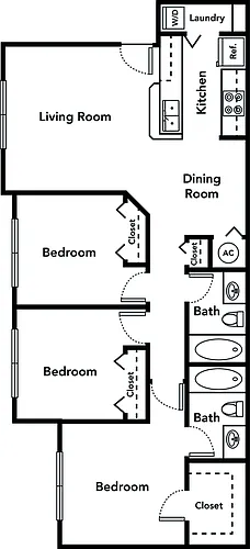 Floor plan Three Bedroom Two Bath 50% (Phase I)