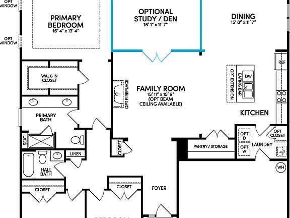 The main level with optional study or den floorplan of the Savoy II at Heritage Shores by Brookfield