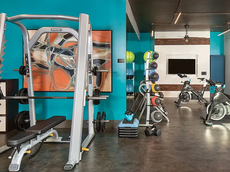 Apartment community 24-hour fitness center at Griffis Union Station in Denver, Colorado.
