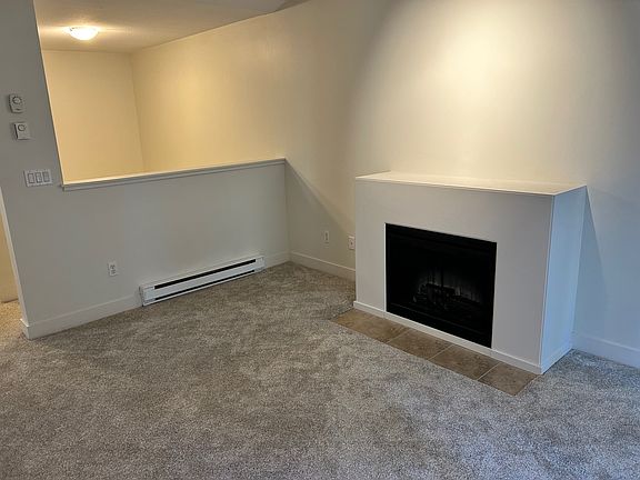 Living room with vaulted ceiling and electric fireplace.