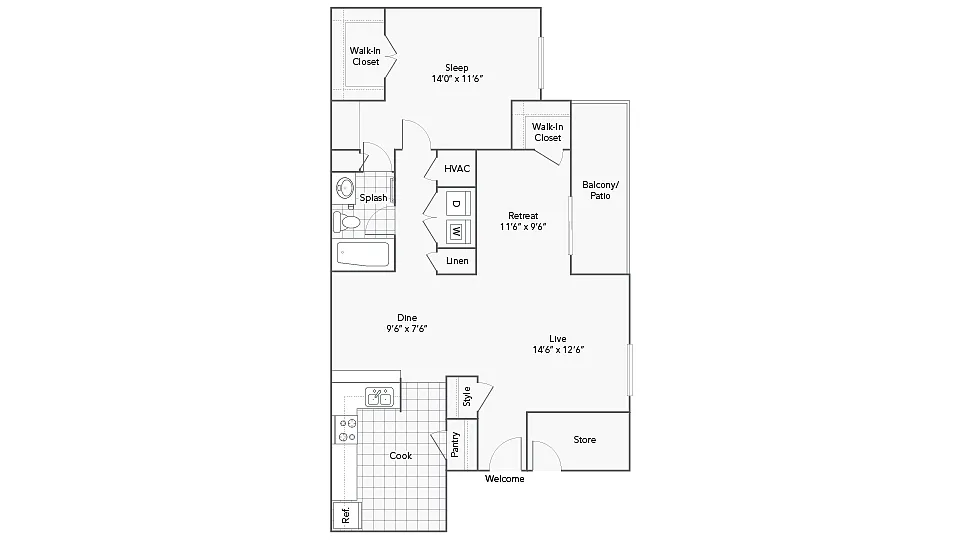 Floor plan 1 Bed 1 Bath Washer Dryer