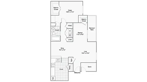 Floor plan 1 Bed 1 Bath Washer Dryer