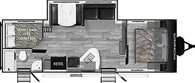 Compact travel-trailer interior with a galley kitchen, dinette, bathroom, and separate sleeping areas for added privacy.