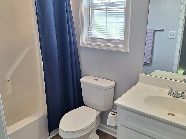 Full upstairs bathroom with new flooring.