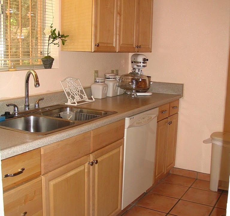 The updated kitchen is bright and cheery.
