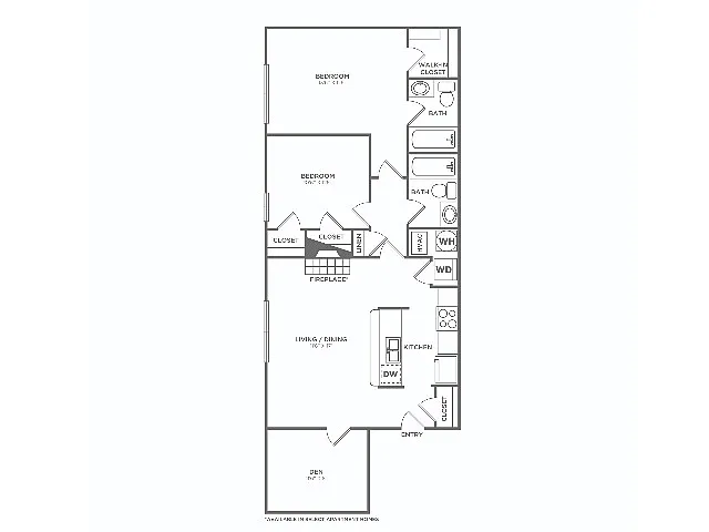 Floor plan Two Bedroom Two Bath with Den (932 SF)
