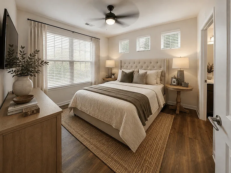A spacious primary bedroom designed for comfort and relaxation.