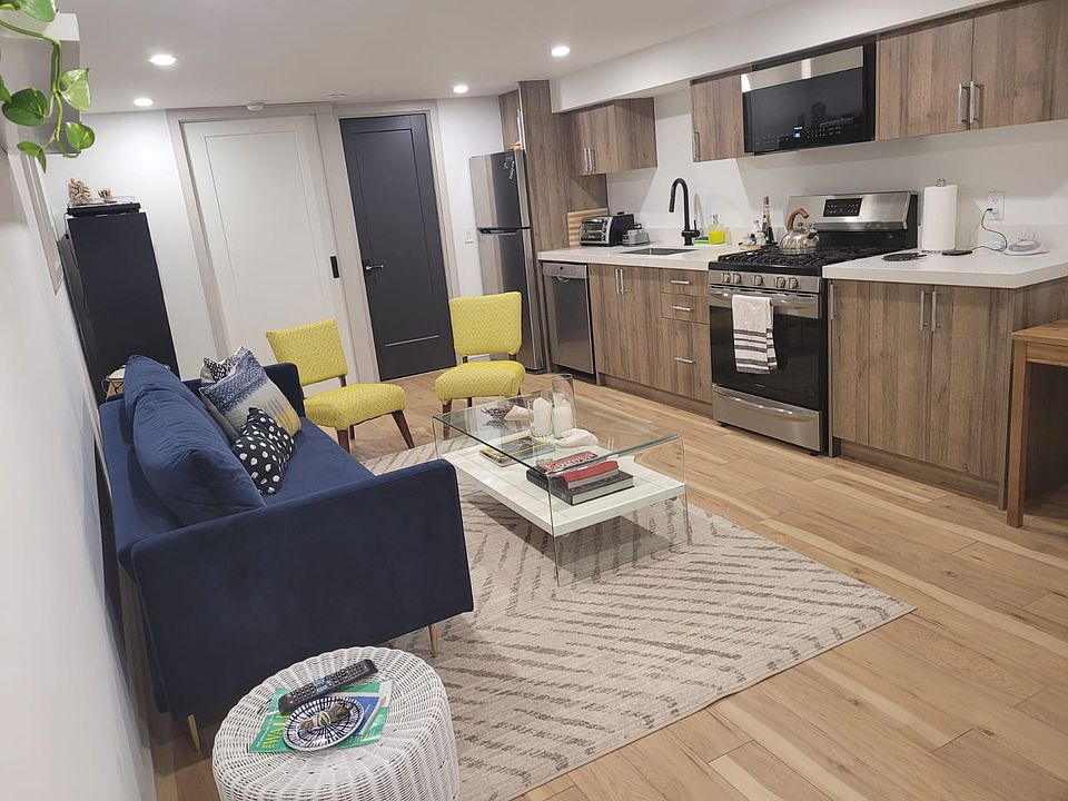 Open kitchen. 
Private laundry room inside black door