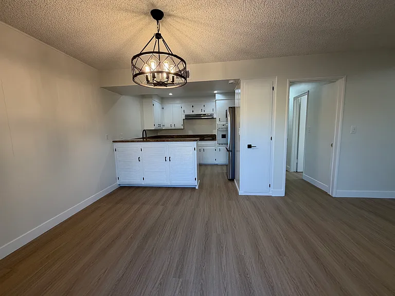 Dining Area and Kitchen with Modern Wood Style Floors