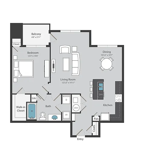 Floor plan 1 Bed/ 1 Bath (864 sqft)