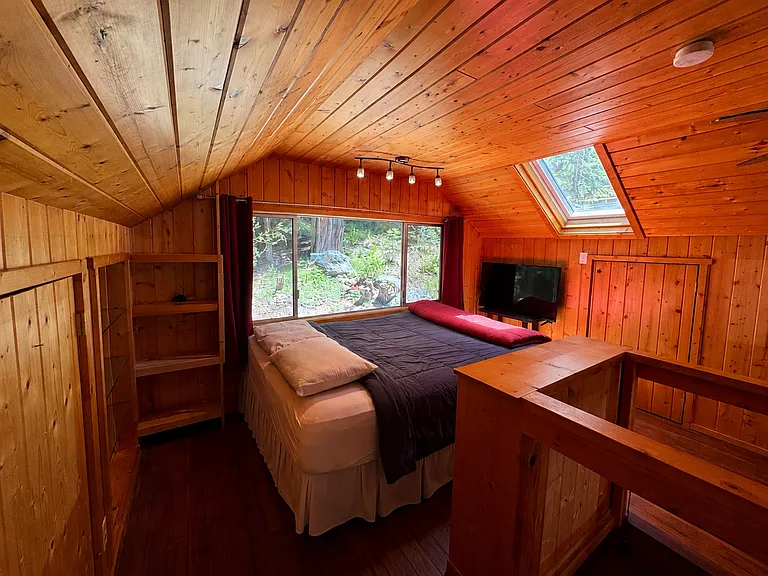 Upstairs loft bed with forest views and skylights