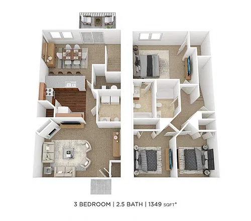 Floor plan Three Bedroom 2.5 Bath Townhome- 1349 sqft