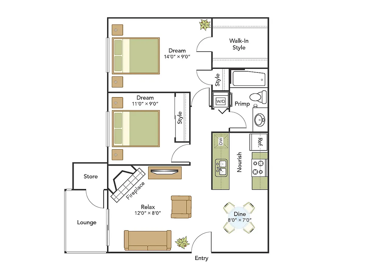 Floor plan 2 Bed, 1 Bath A Upgraded