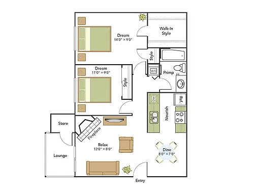 Floor plan 2 Bed, 1 Bath A Upgraded