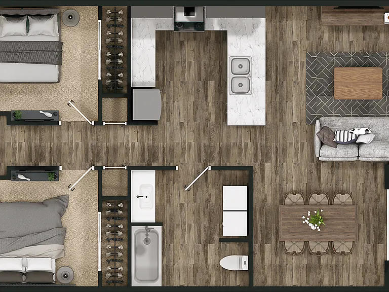 2D Floor Plan of 2 bed 1 bath Layout A 2D Floor Plan of 2 bed 1 bath Layout A