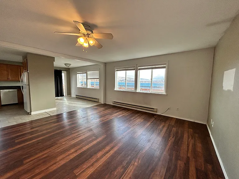 Bright living room with fan