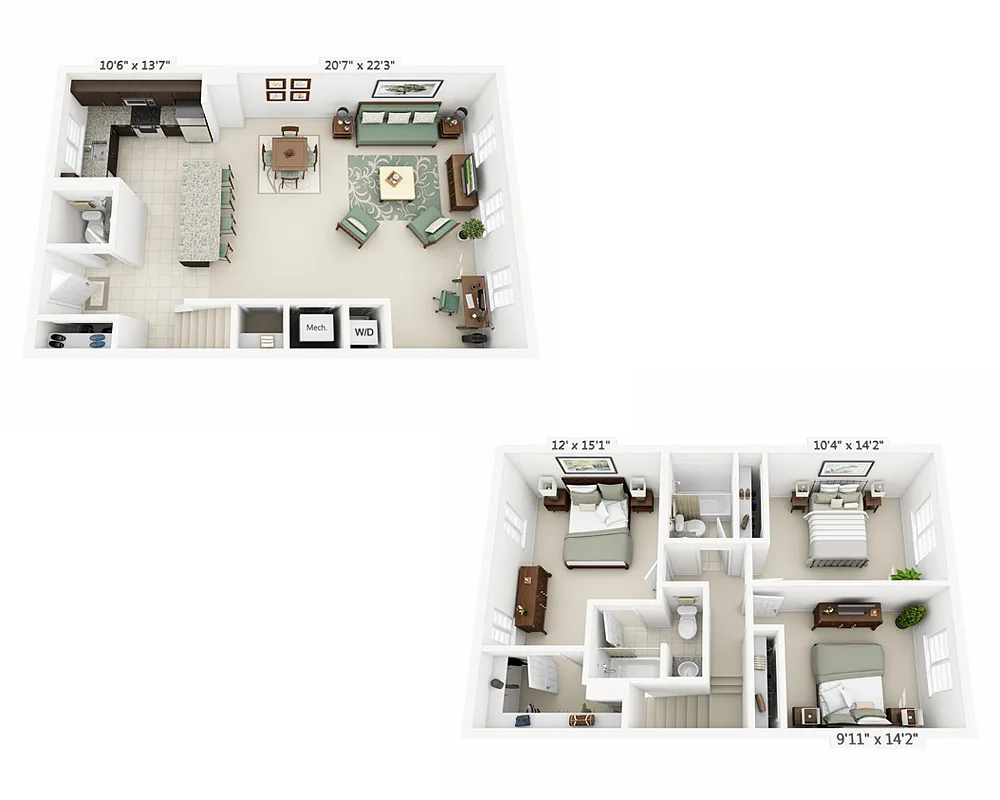Floor plan Three Bedroom Townhome C2.5T